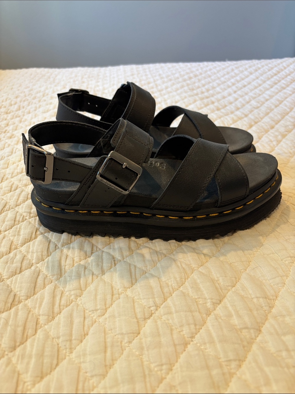 Black Leather Platform Buckle Sandals with Yellow Stitching
